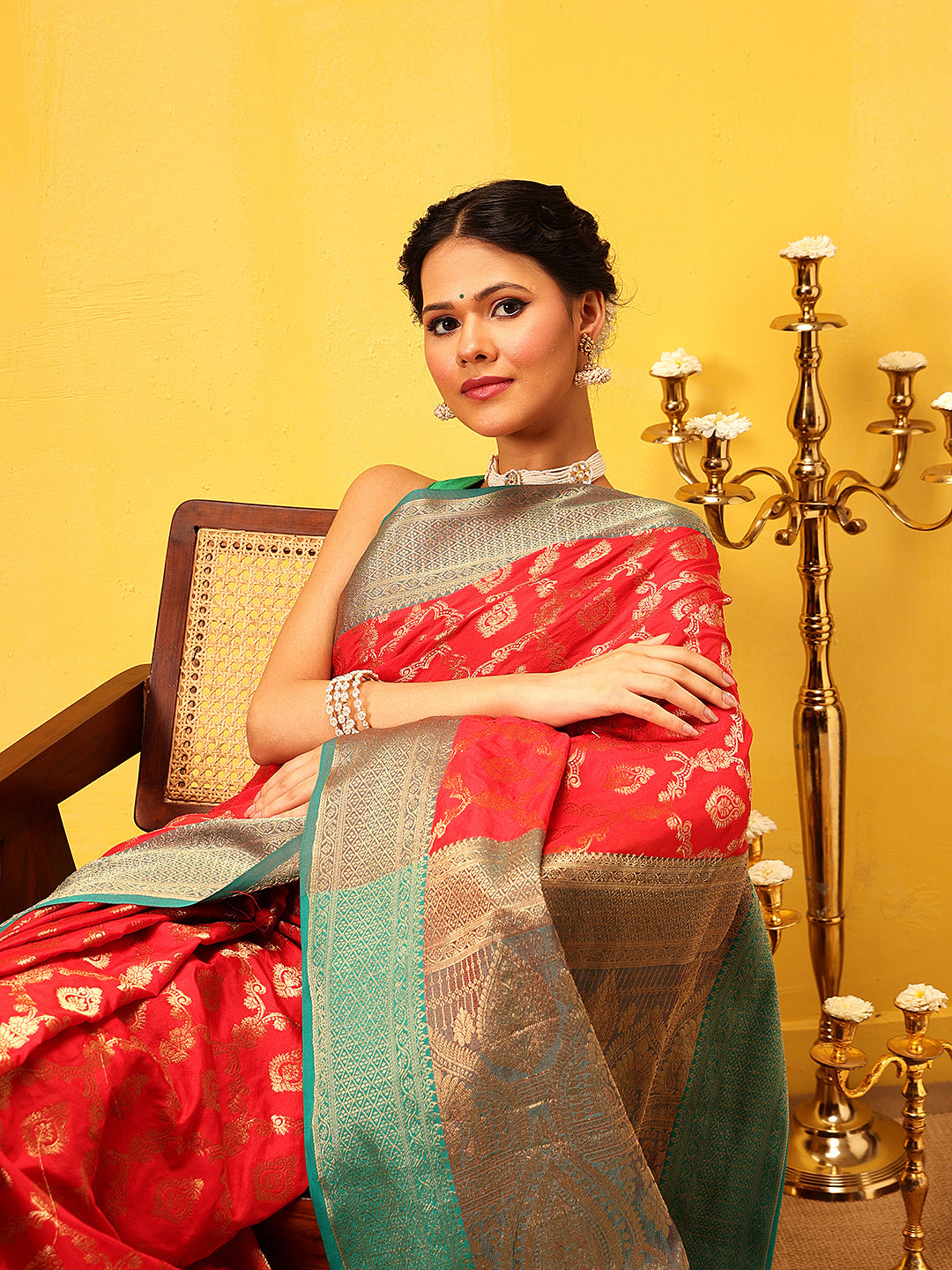 Hiral Fashion Red Banarasi Silk Woven Design Saree | Swadesiicart