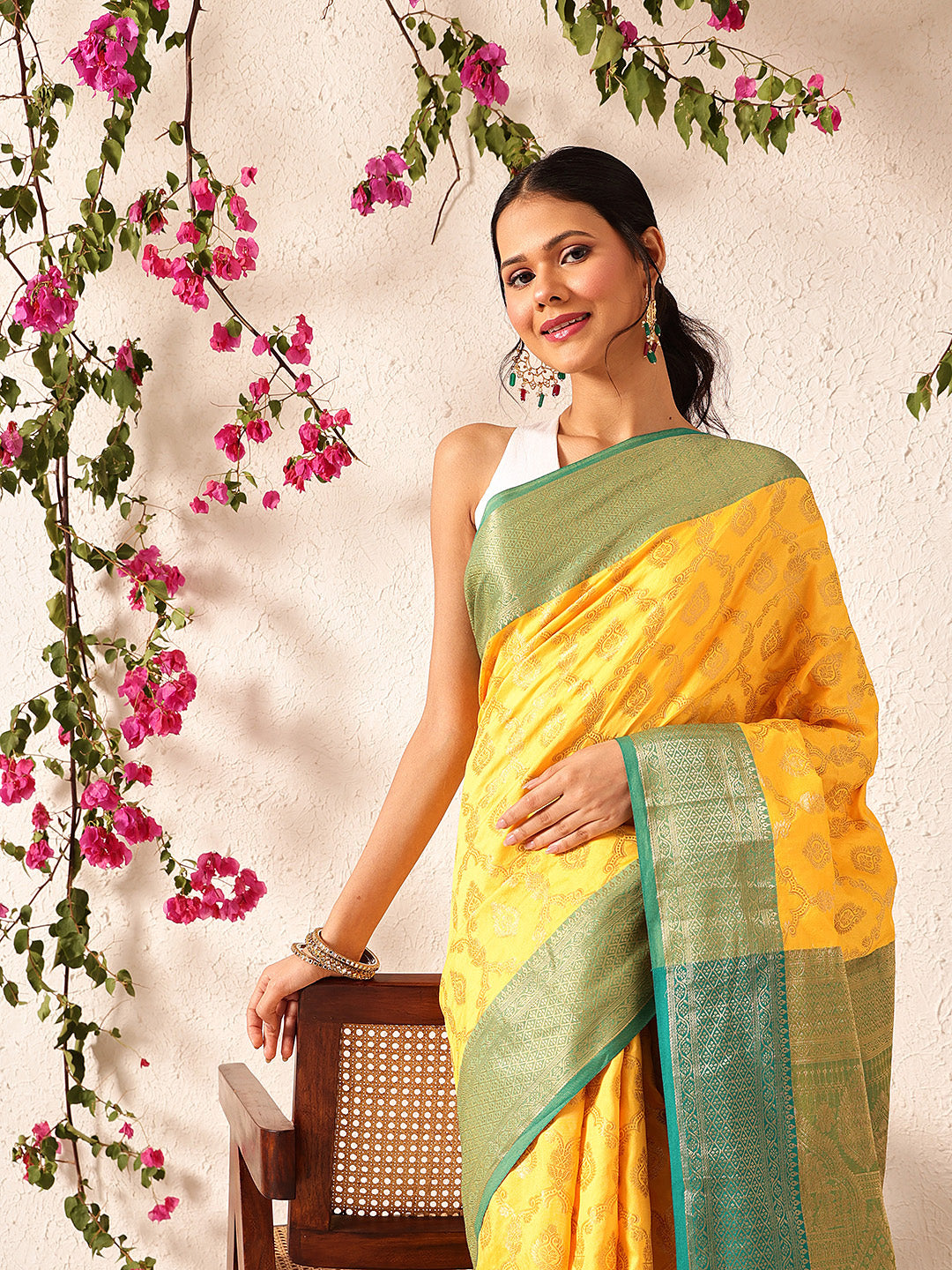 Hiral Fashion Yellow Banarasi Silk Woven Design Saree | Swadesiicart