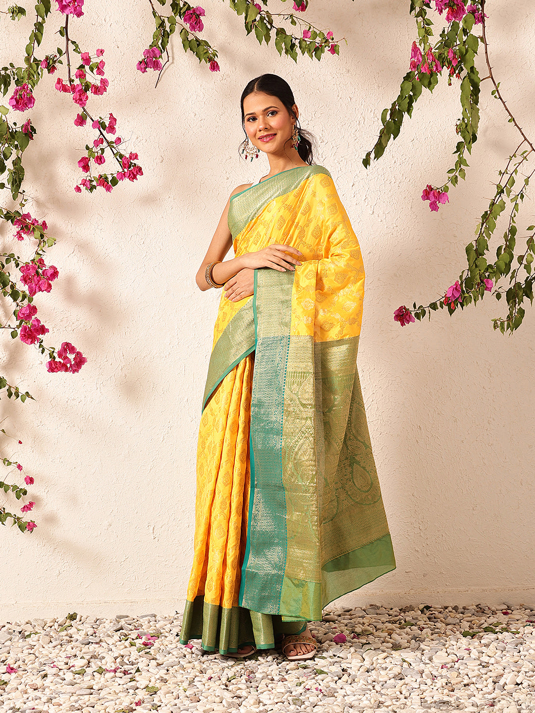 Hiral Fashion Yellow Banarasi Silk Woven Design Saree | Swadesiicart