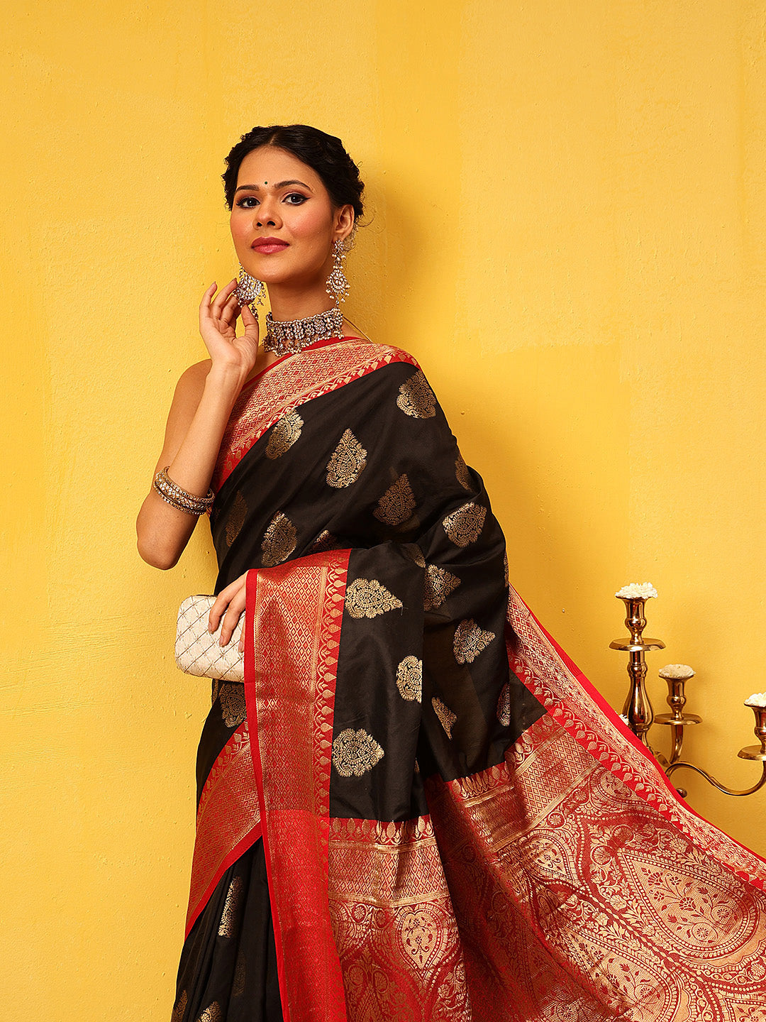 Hiral Fashion Black Banarasi Silk Woven Design Saree | Swadesiicart