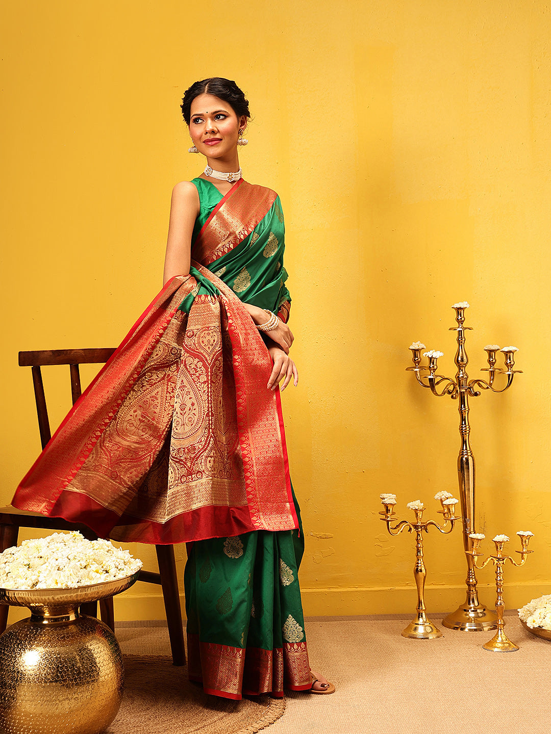 Hiral Fashion Green Banarasi Silk Woven Design Saree | Swadesiicart