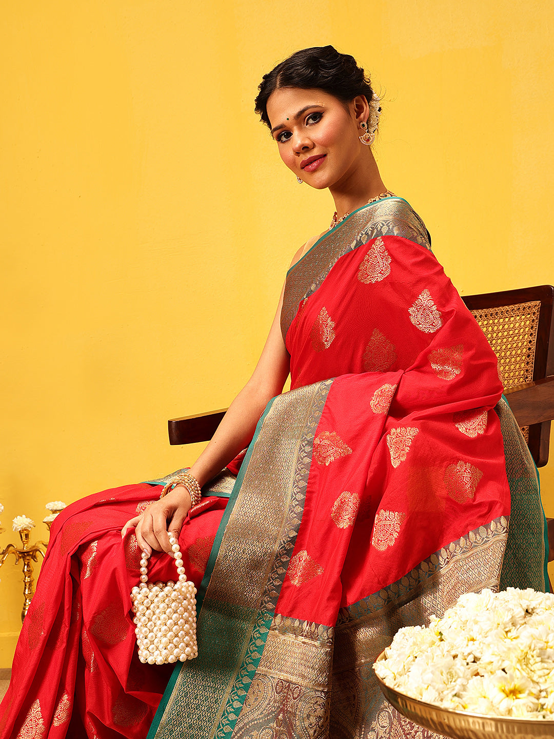 Hiral Fashion Red Banarasi Silk Woven Design Saree | Swadesiicart