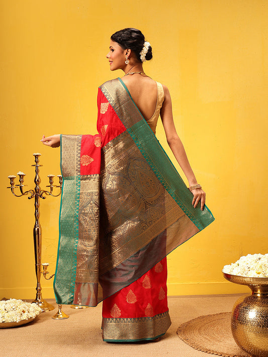 Hiral Fashion Red Banarasi Silk Woven Design Saree | Swadesiicart