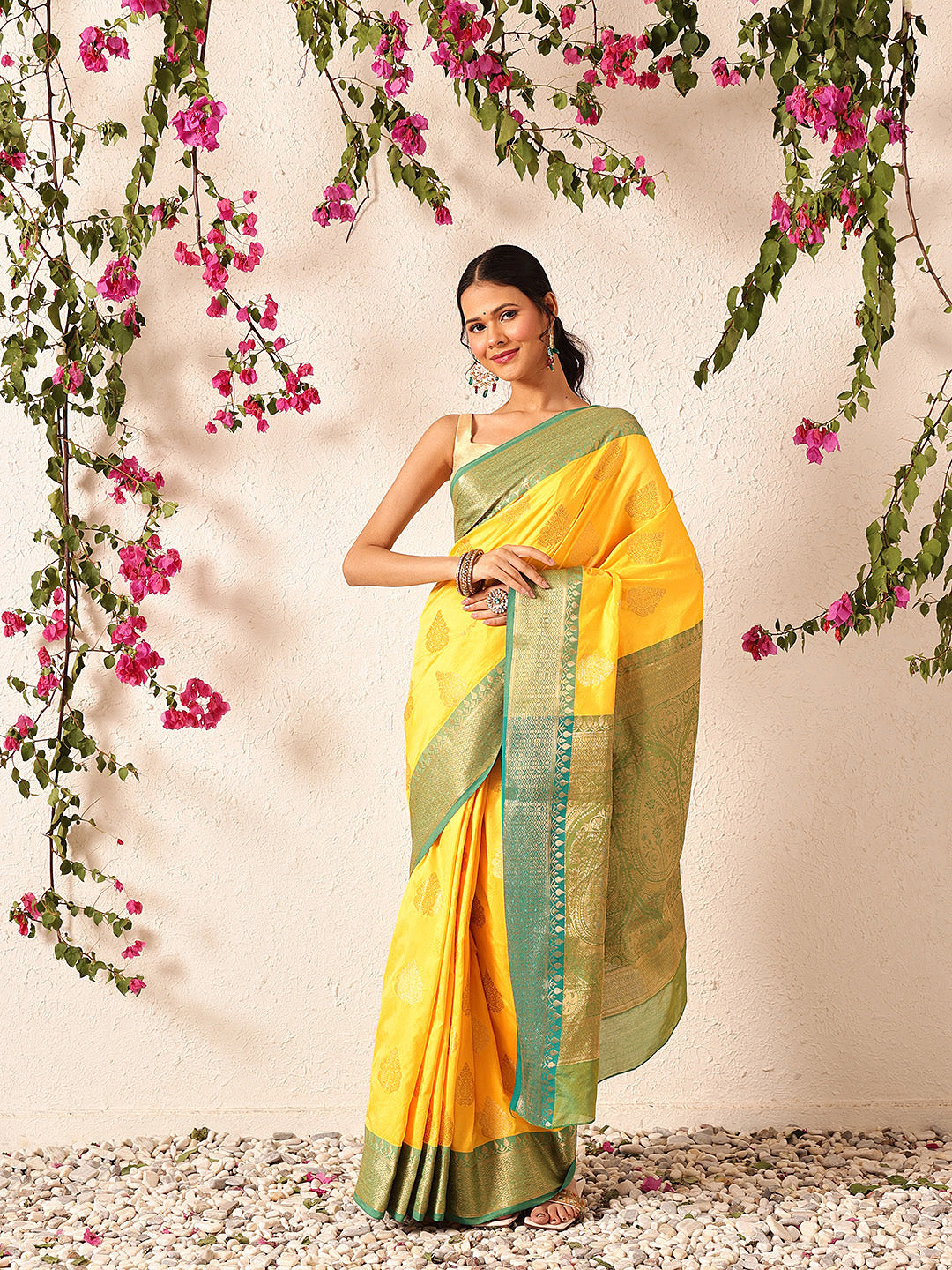 Hiral Fashion Yellow Banarasi Silk Woven Design Saree | Swadesiicart
