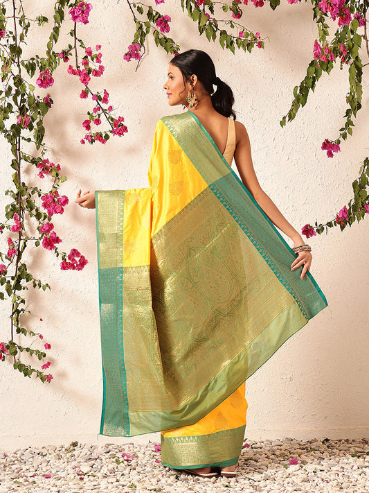 Hiral Fashion Yellow Banarasi Silk Woven Design Saree | Swadesiicart