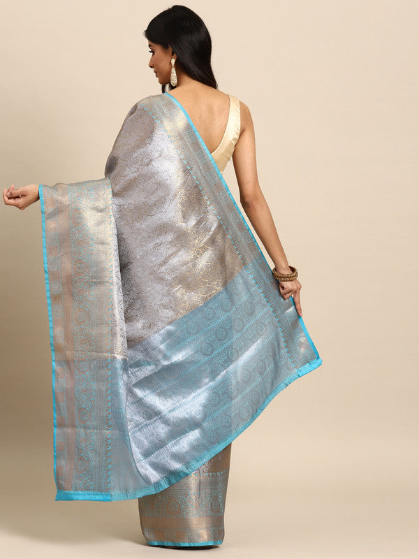 Blue Tissue Silk Woven Zari Design Floral Saree with Unstitched Blouse - Hiral Fashion | Swadesiicart
