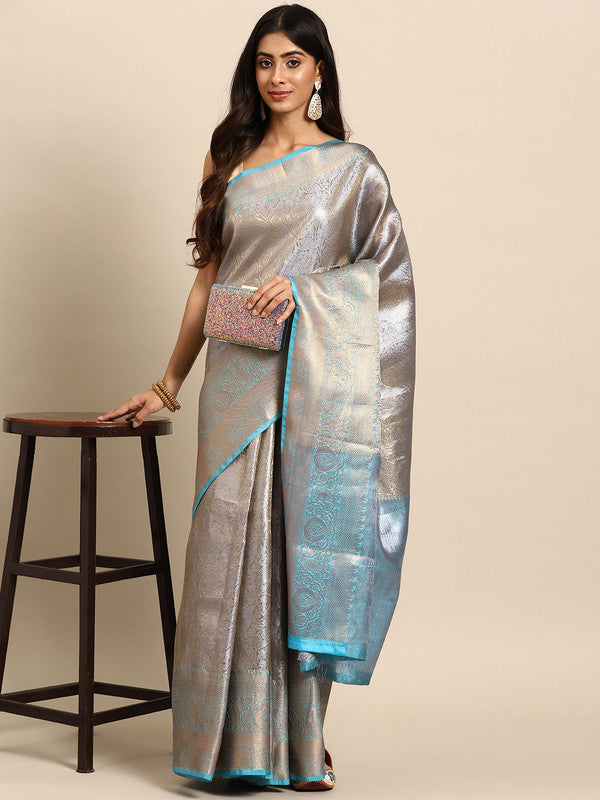Blue Tissue Silk Woven Zari Design Floral Saree with Unstitched Blouse - Hiral Fashion | Swadesiicart