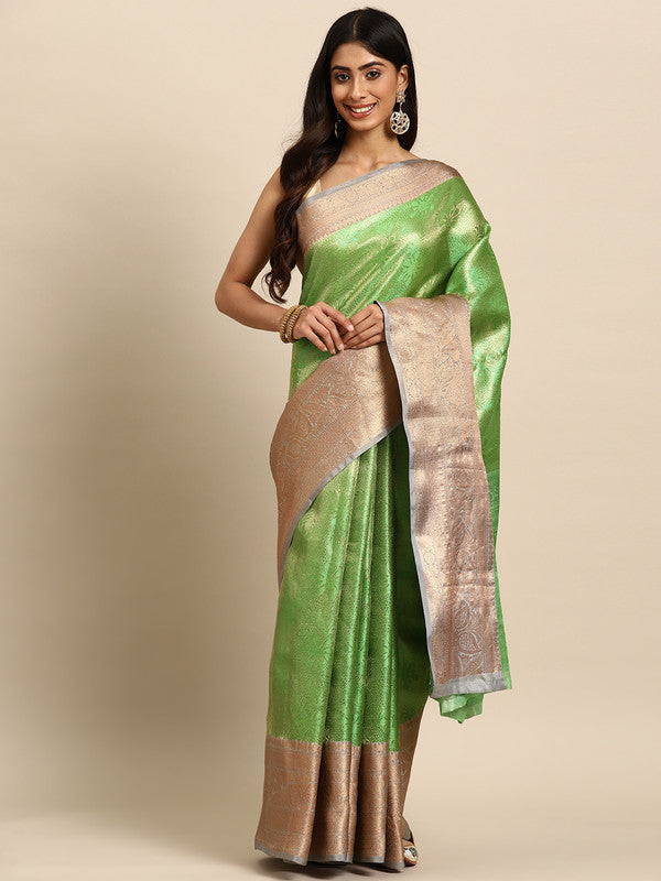 Green Tissue Silk Woven Zari Design Floral Saree with Unstitched Blouse - Hiral Fashion | Swadesiicart
