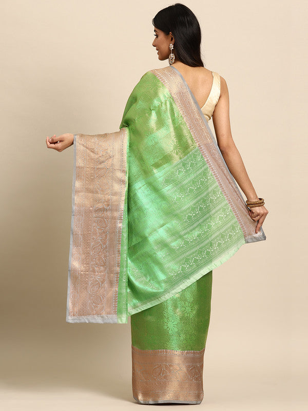 Green Tissue Silk Woven Zari Design Floral Saree with Unstitched Blouse - Hiral Fashion | Swadesiicart