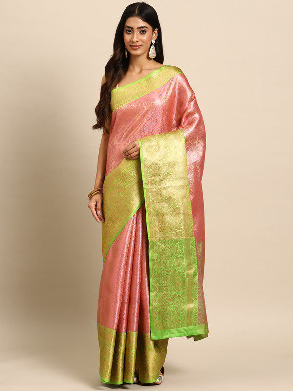 Pink Tissue Silk Woven Zari Design Floral Saree with Unstitched Blouse - Hiral Fashion | Swadesiicart