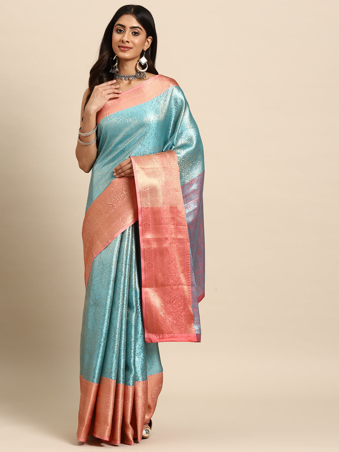Turquoise Tissue Silk Woven Zari Design Floral Saree with Unstitched Blouse - Hiral Fashion | Swadesiicart