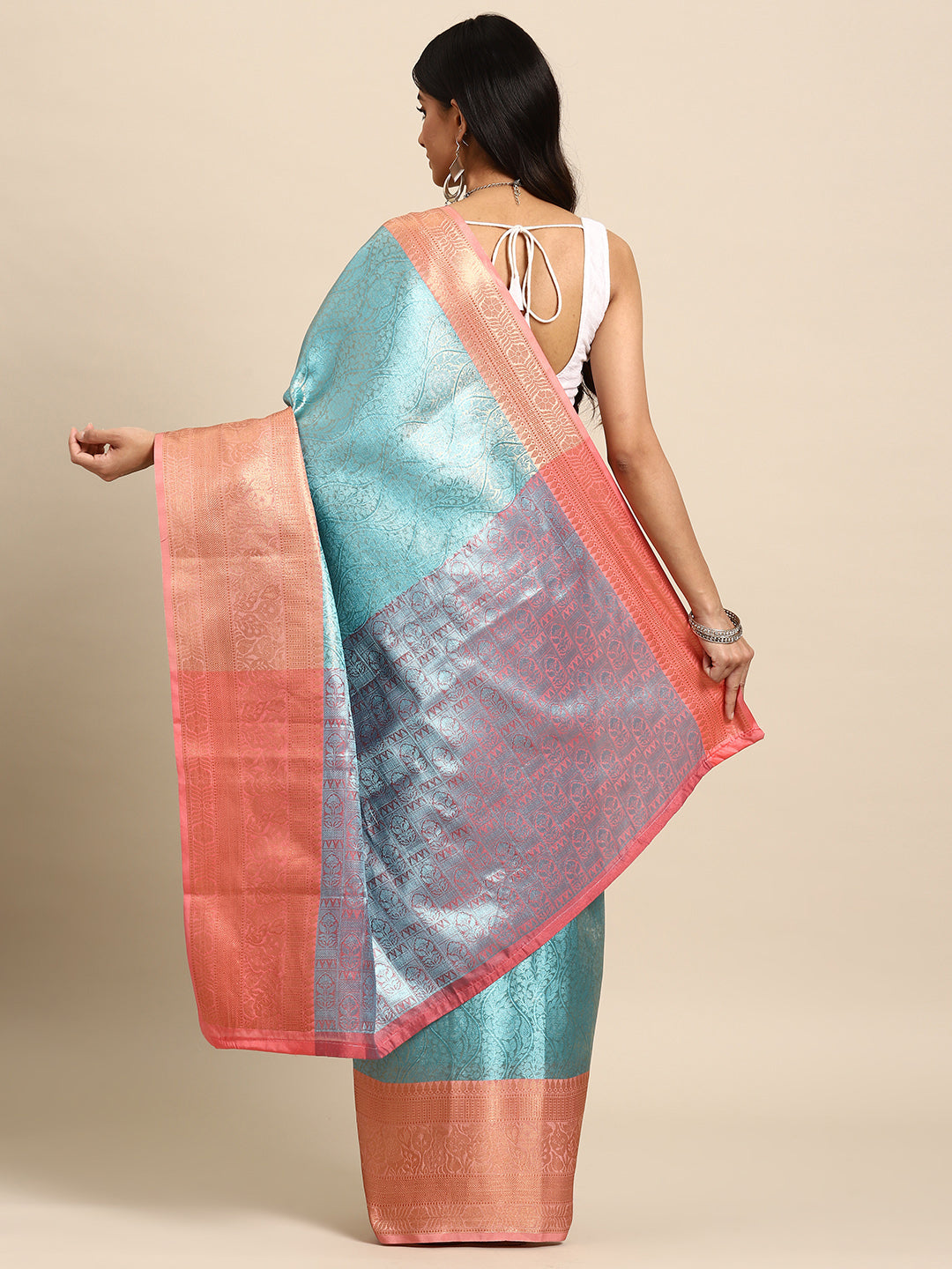 Turquoise Tissue Silk Woven Zari Design Floral Saree with Unstitched Blouse - Hiral Fashion | Swadesiicart