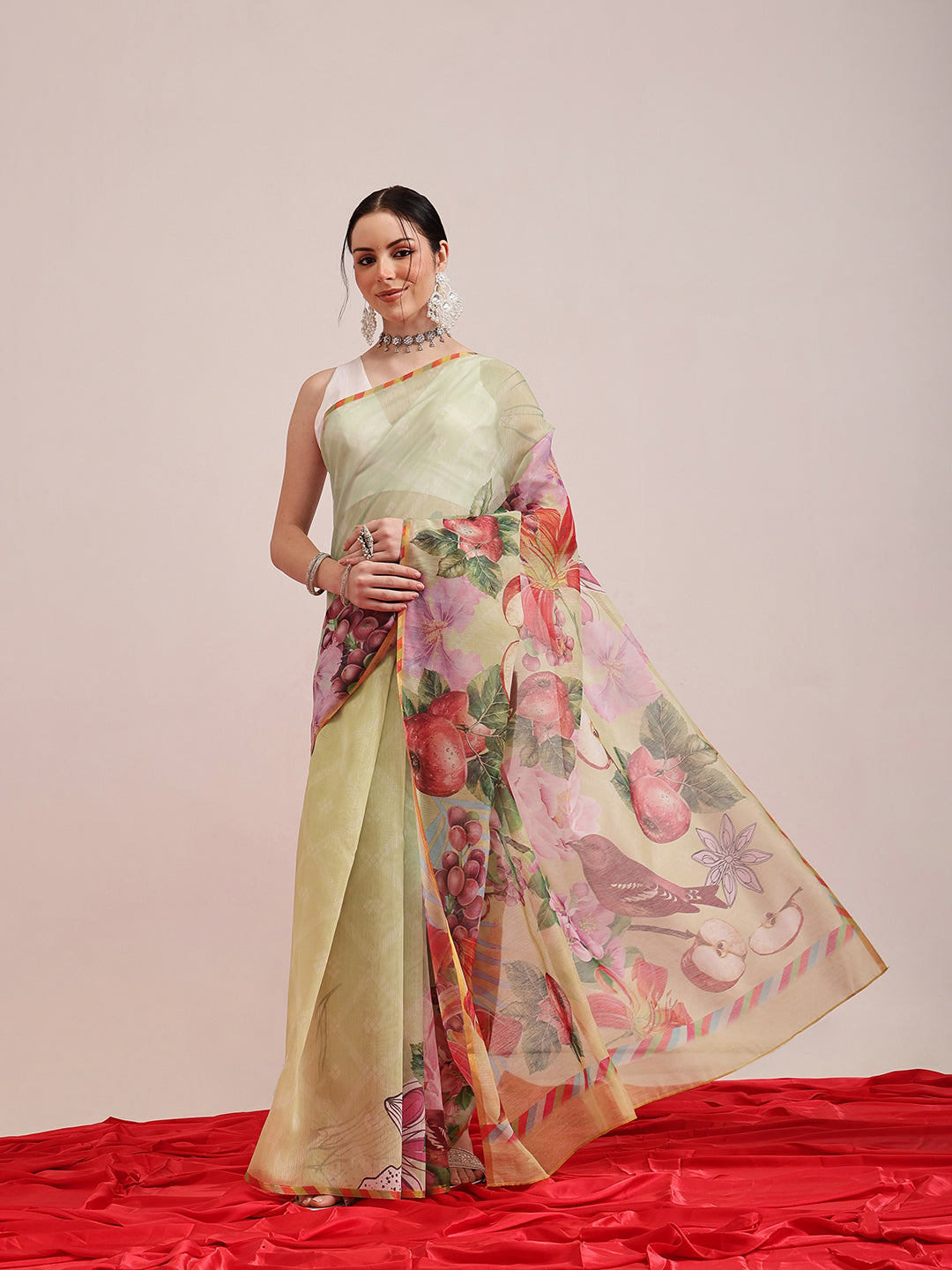 Hiral Fashion Olive Chanderi Cotton Blend Animal Print Digital Printed Saree | Swadesiicart