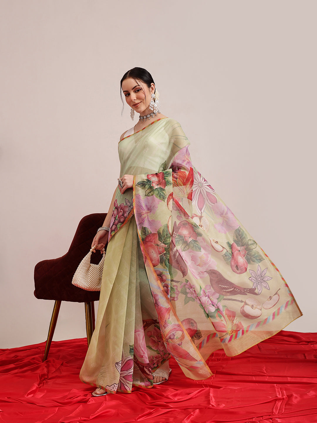 Hiral Fashion Olive Chanderi Cotton Blend Animal Print Digital Printed Saree | Swadesiicart