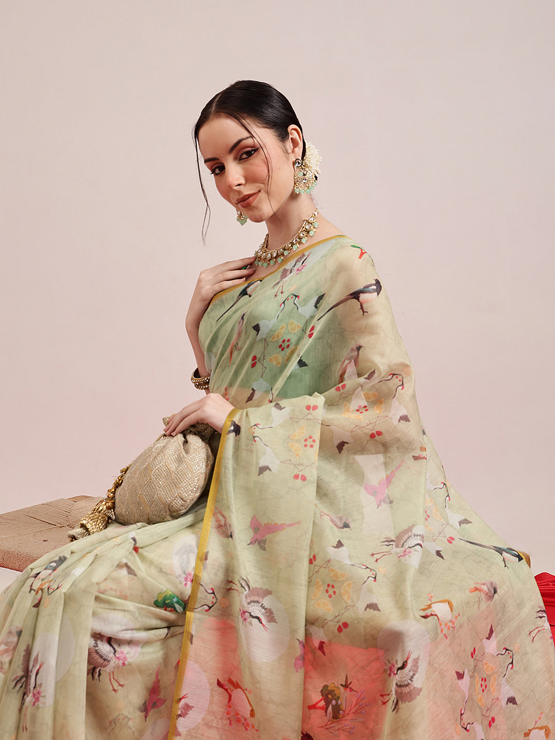Hiral Fashion Olive Chanderi Cotton Blend Animal Print Digital Printed Saree | Swadesiicart