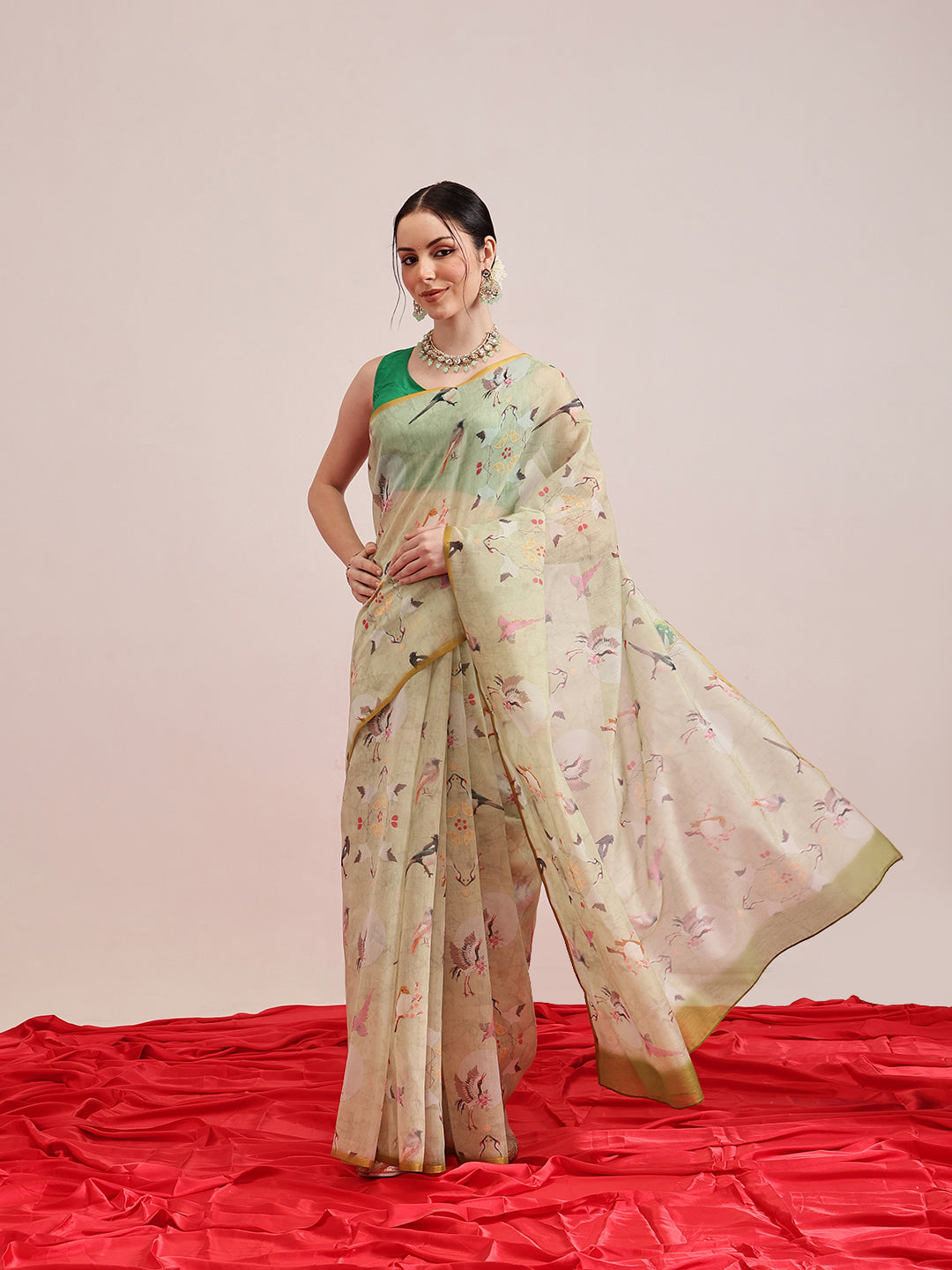 Hiral Fashion Olive Chanderi Cotton Blend Animal Print Digital Printed Saree | Swadesiicart