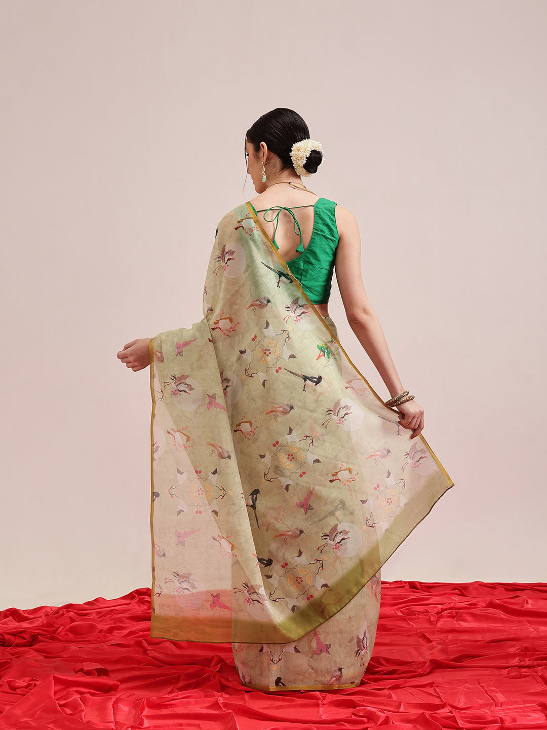 Hiral Fashion Olive Chanderi Cotton Blend Animal Print Digital Printed Saree | Swadesiicart