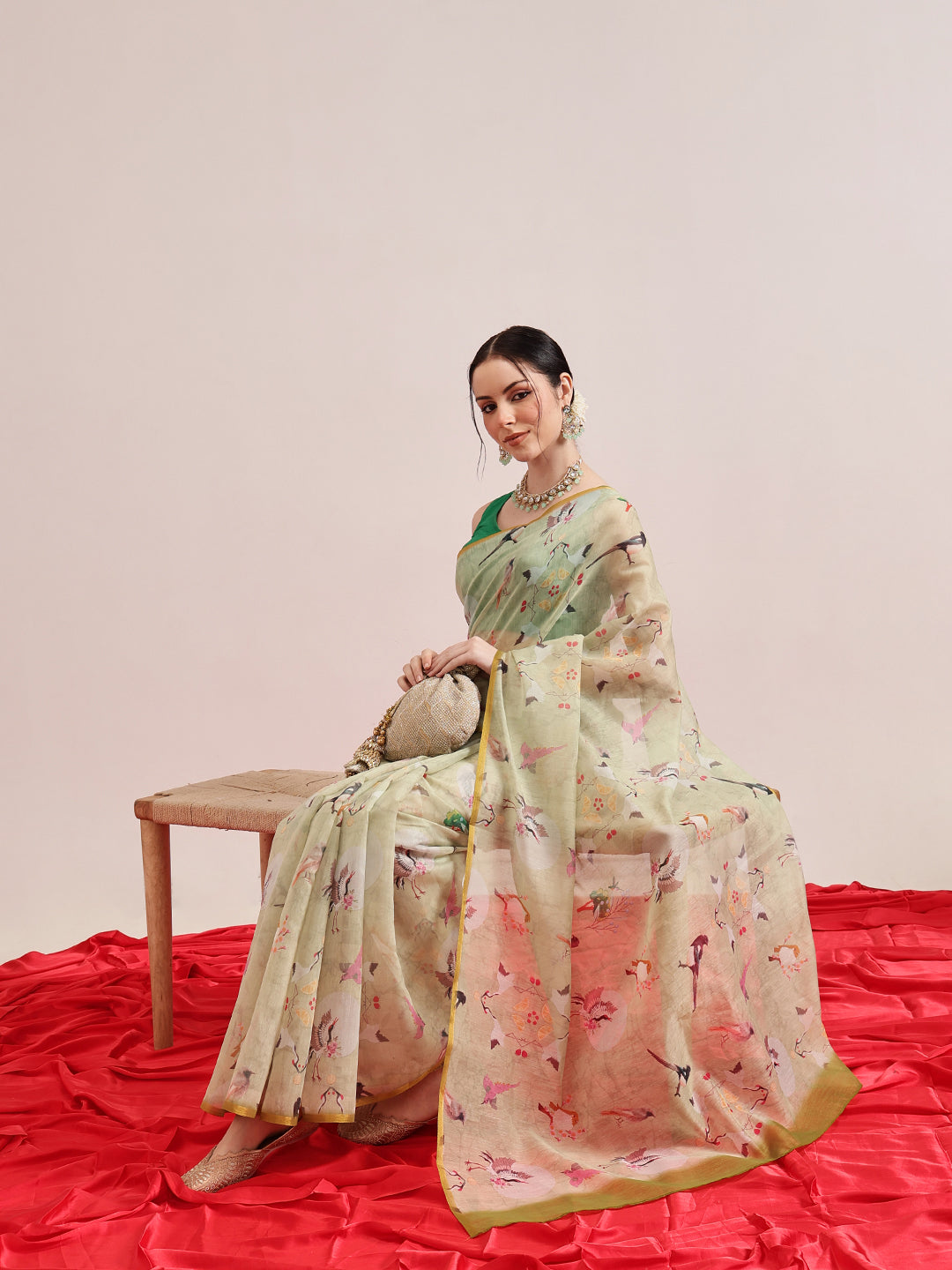 Hiral Fashion Olive Chanderi Cotton Blend Animal Print Digital Printed Saree | Swadesiicart