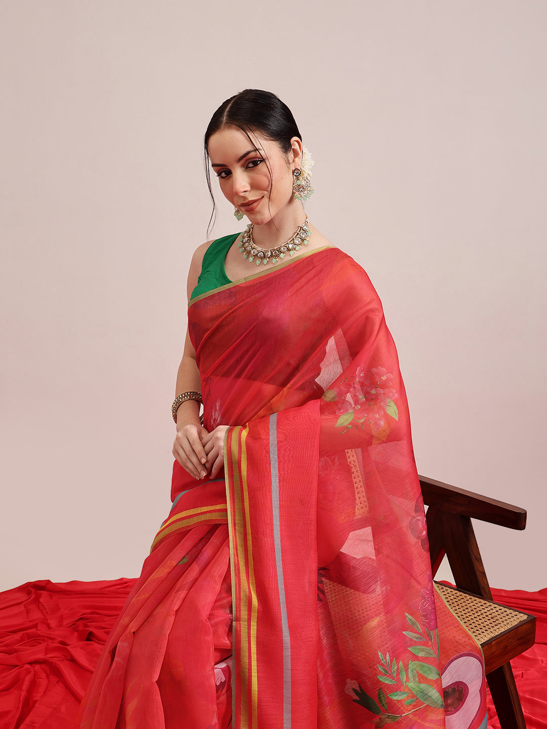 Hiral Fashion Red Chanderi Cotton Blend Fruits Digital Printed Saree | Swadesiicart