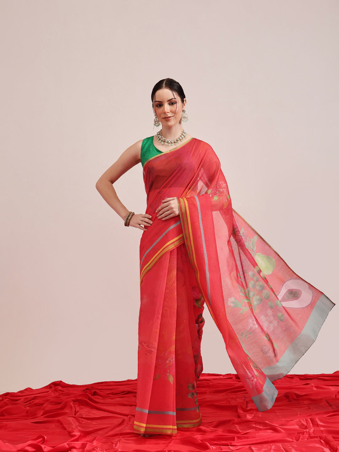 Hiral Fashion Red Chanderi Cotton Blend Fruits Digital Printed Saree | Swadesiicart