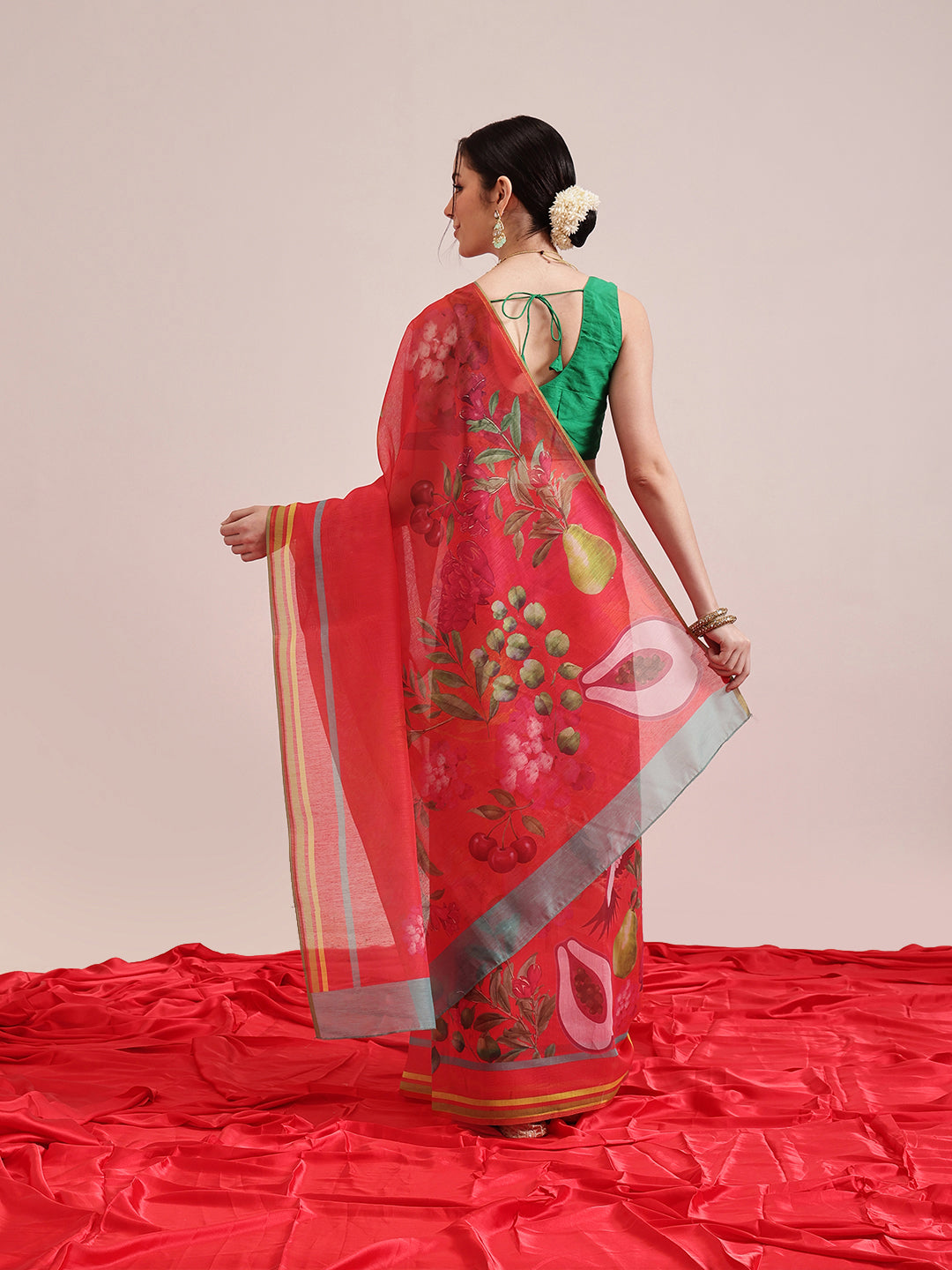 Hiral Fashion Red Chanderi Cotton Blend Fruits Digital Printed Saree | Swadesiicart