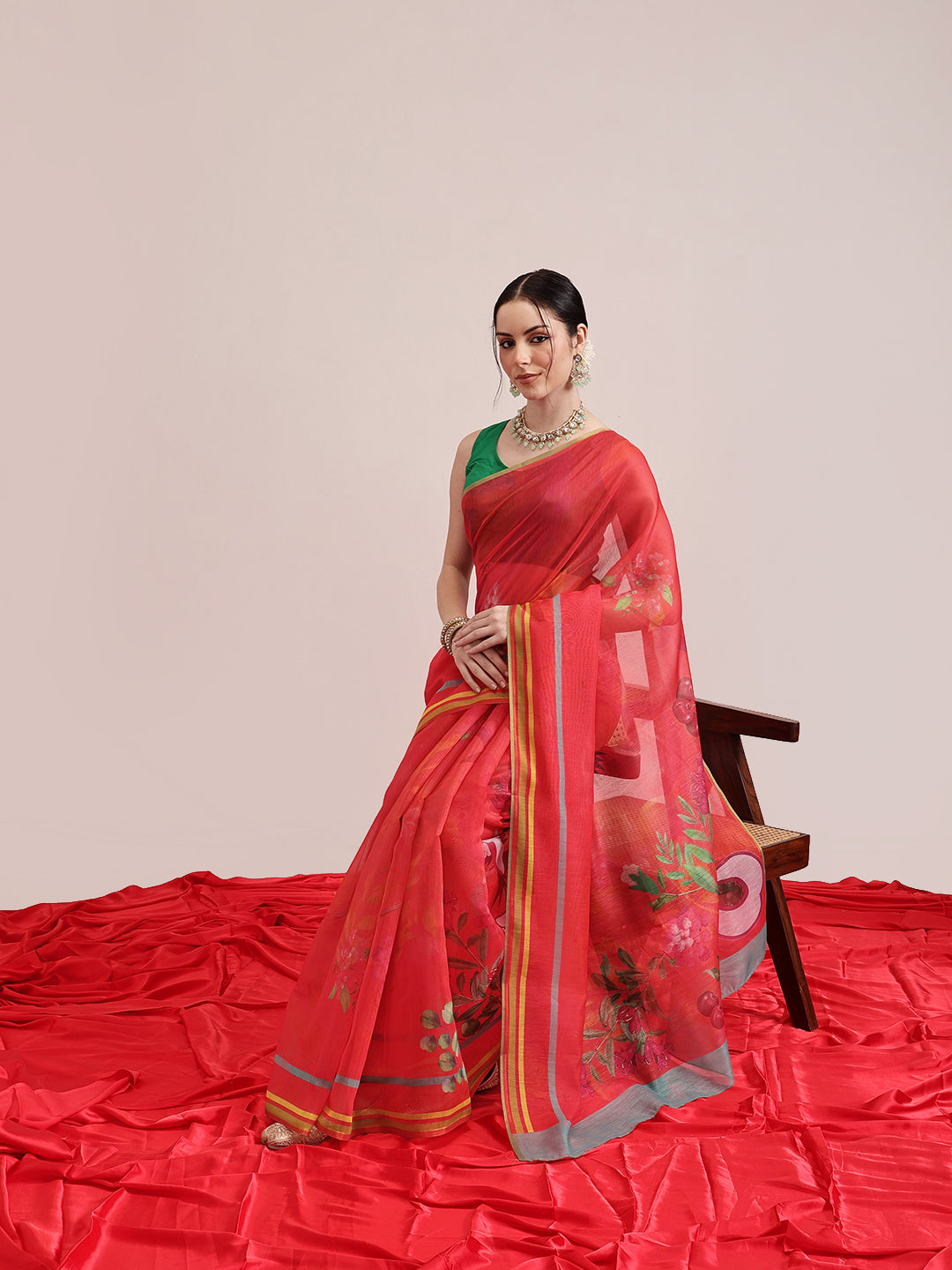 Hiral Fashion Red Chanderi Cotton Blend Fruits Digital Printed Saree | Swadesiicart