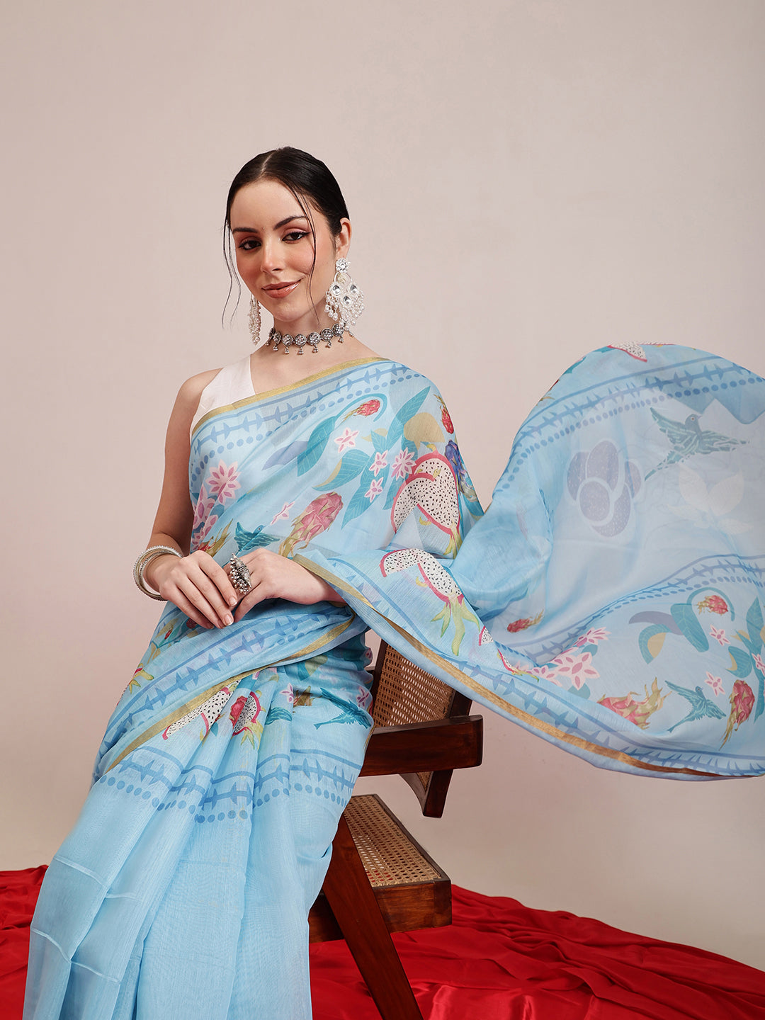 Hiral Fashion Blue Chanderi Cotton Blend Fruits Digital Printed Saree | Swadesiicart