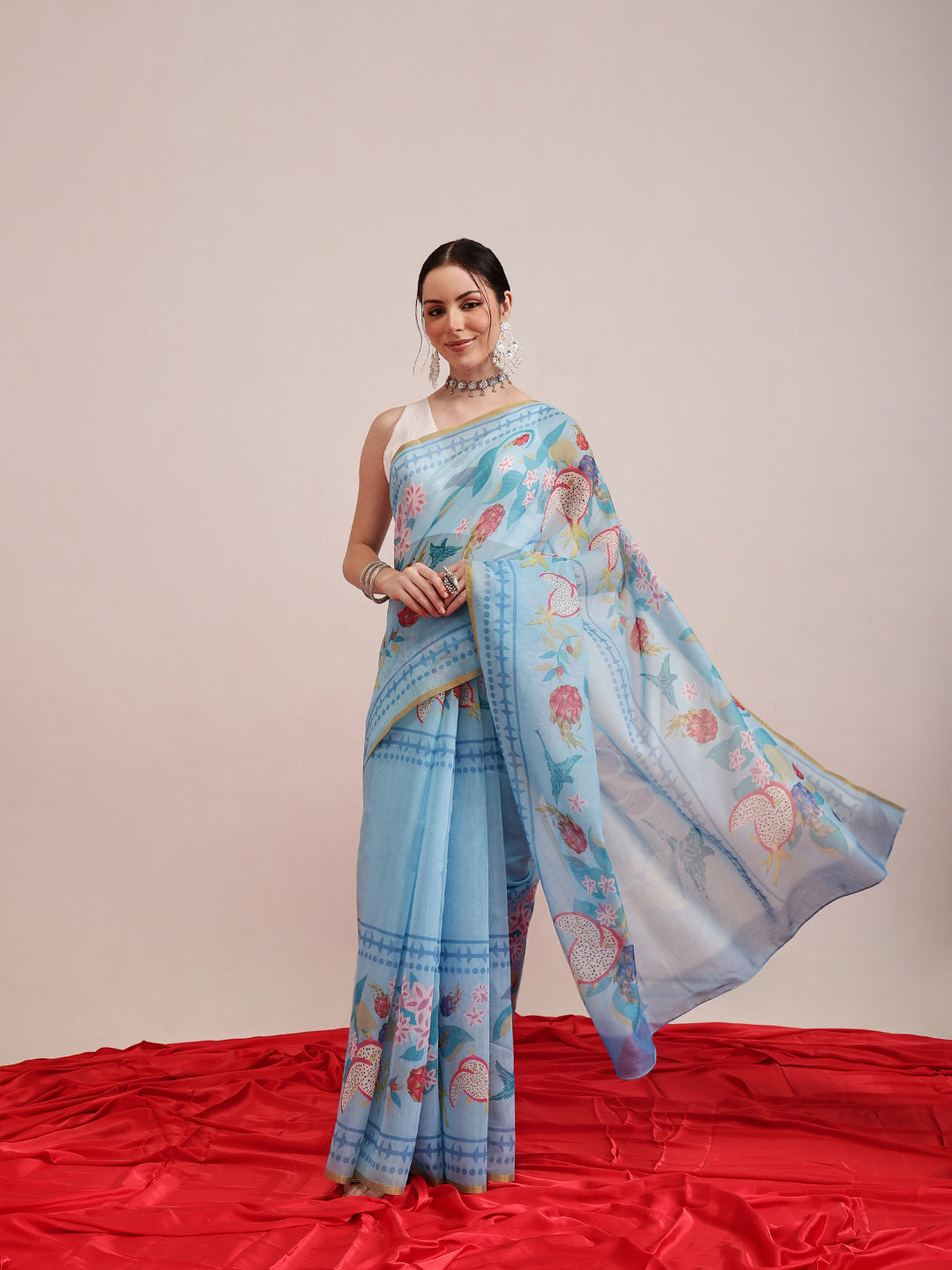 Hiral Fashion Blue Chanderi Cotton Blend Fruits Digital Printed Saree | Swadesiicart