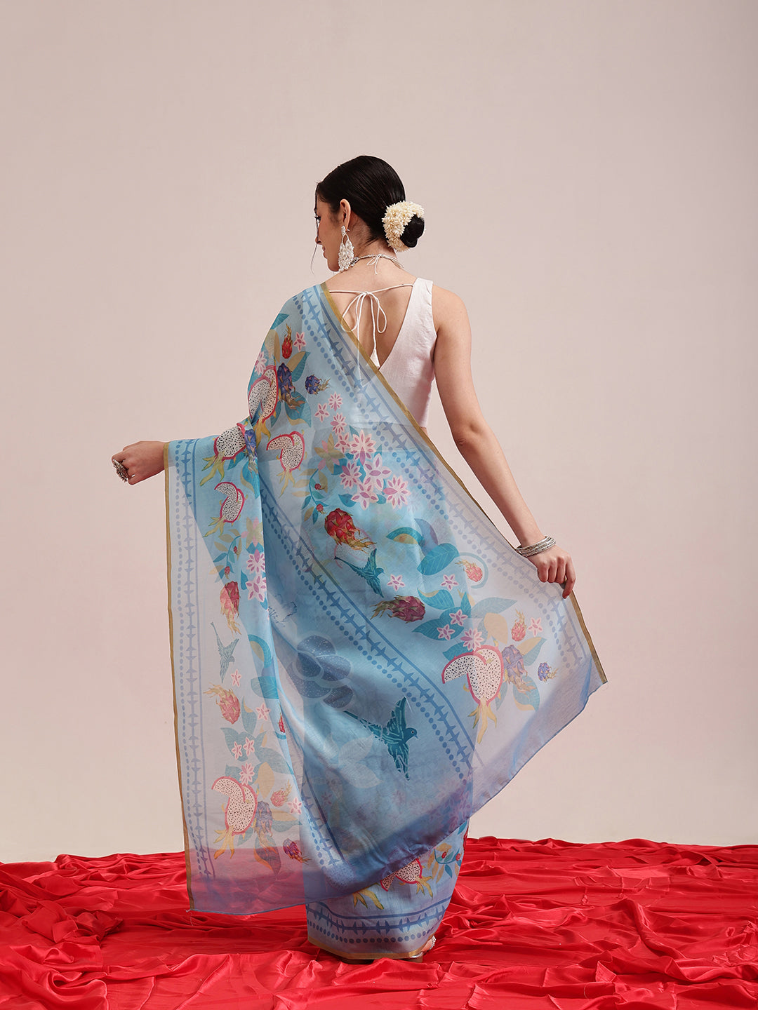Hiral Fashion Blue Chanderi Cotton Blend Fruits Digital Printed Saree | Swadesiicart