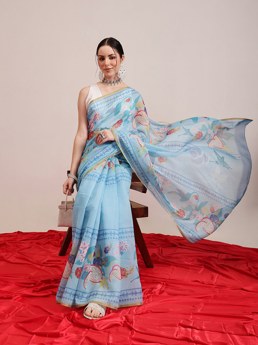 Hiral Fashion Blue Chanderi Cotton Blend Fruits Digital Printed Saree | Swadesiicart