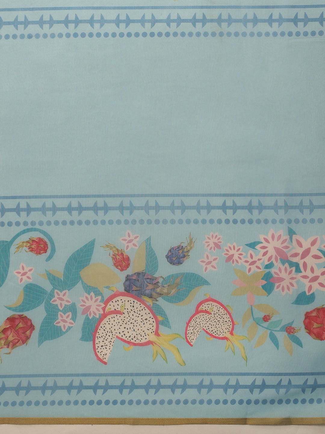 Hiral Fashion Blue Chanderi Cotton Blend Fruits Digital Printed Saree | Swadesiicart
