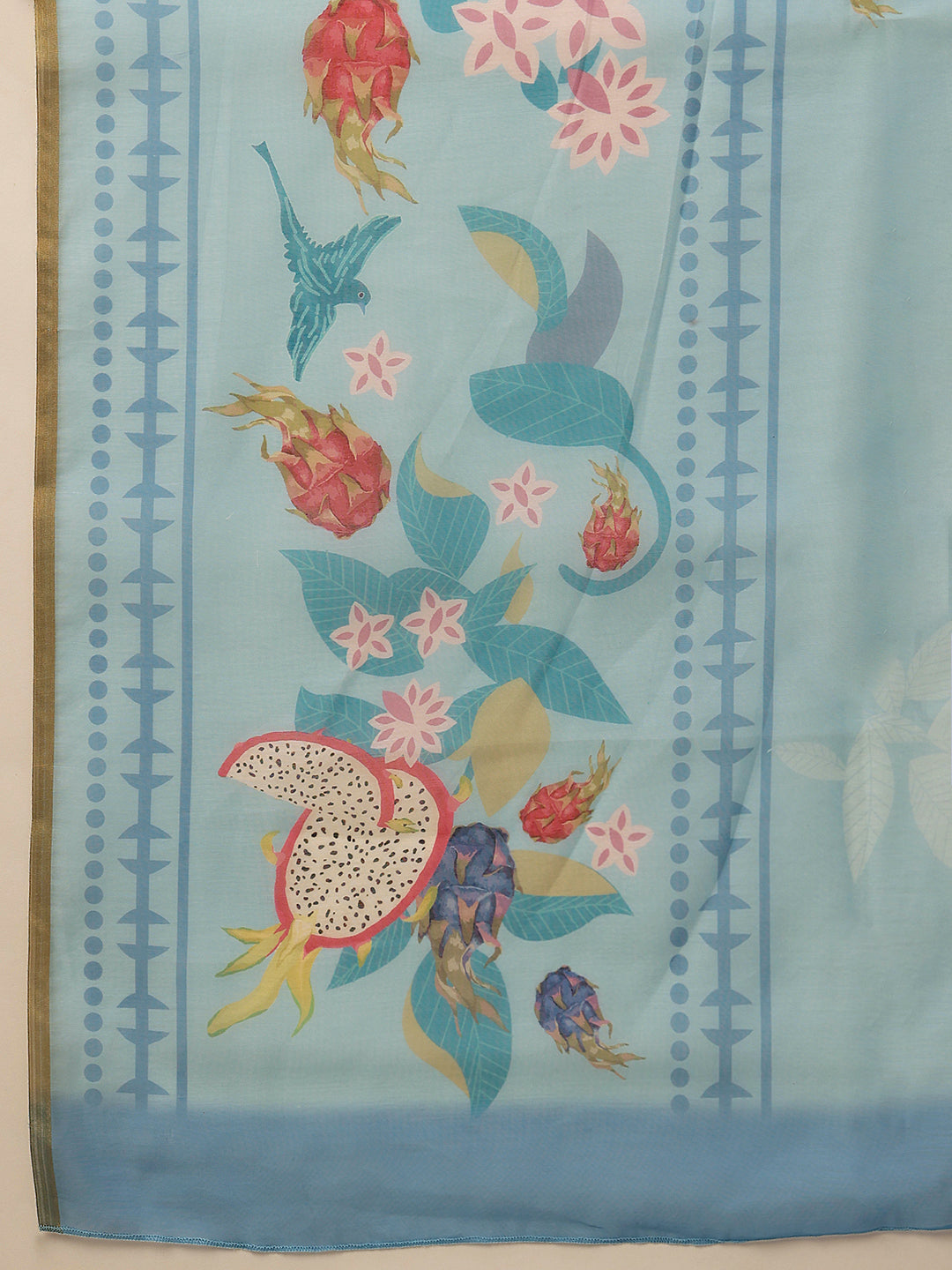 Hiral Fashion Blue Chanderi Cotton Blend Fruits Digital Printed Saree | Swadesiicart