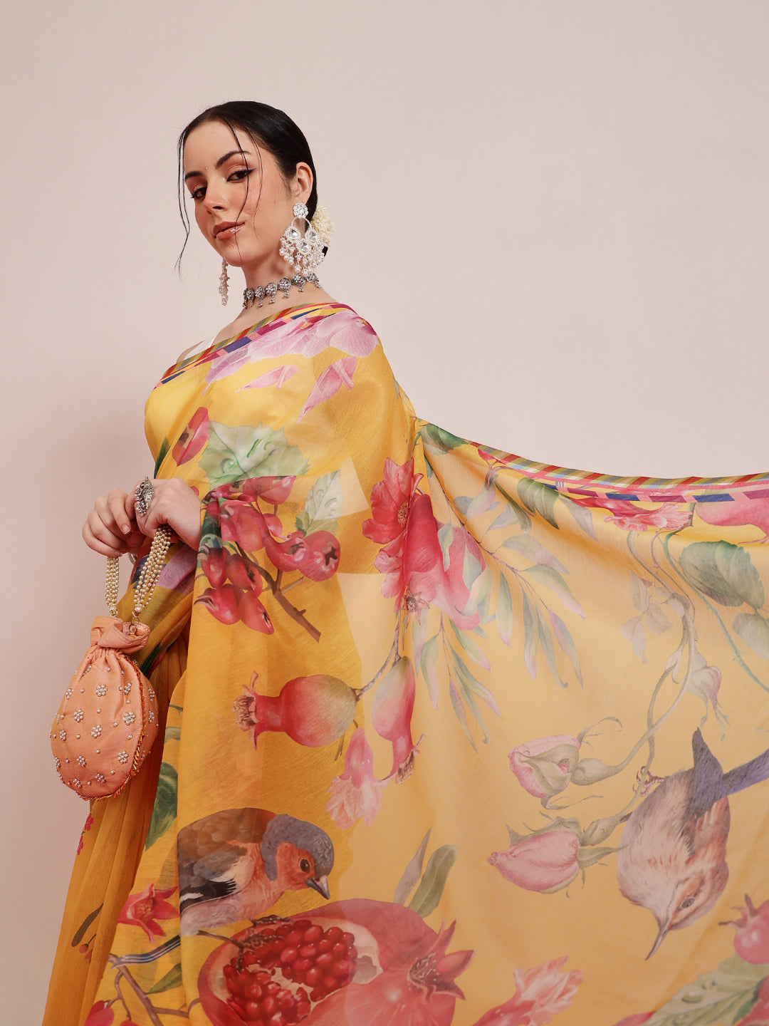 Hiral Fashion Yellow Chanderi Cotton Blend Fruits Digital Printed Saree | Swadesiicart