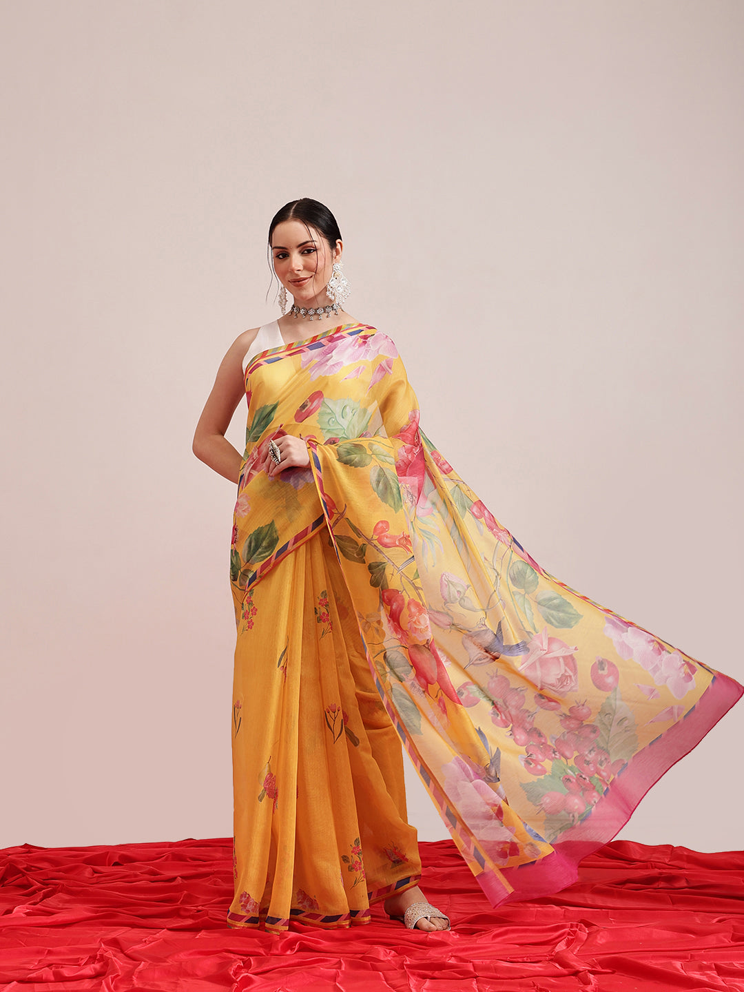 Hiral Fashion Yellow Chanderi Cotton Blend Fruits Digital Printed Saree | Swadesiicart