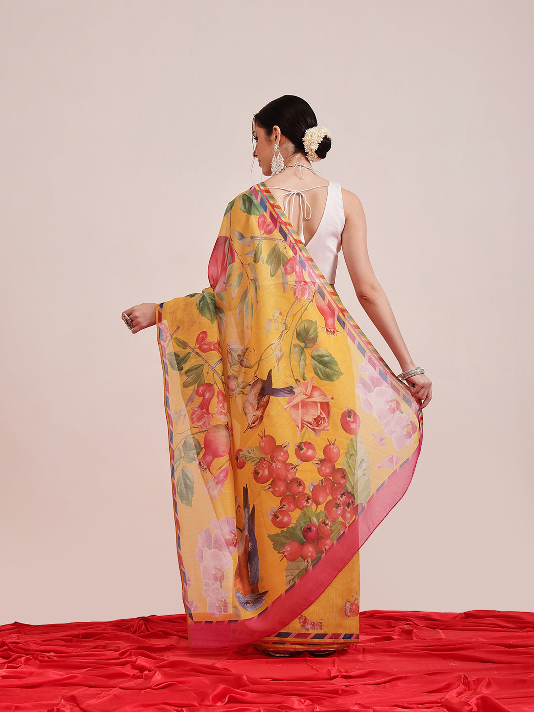Hiral Fashion Yellow Chanderi Cotton Blend Fruits Digital Printed Saree | Swadesiicart