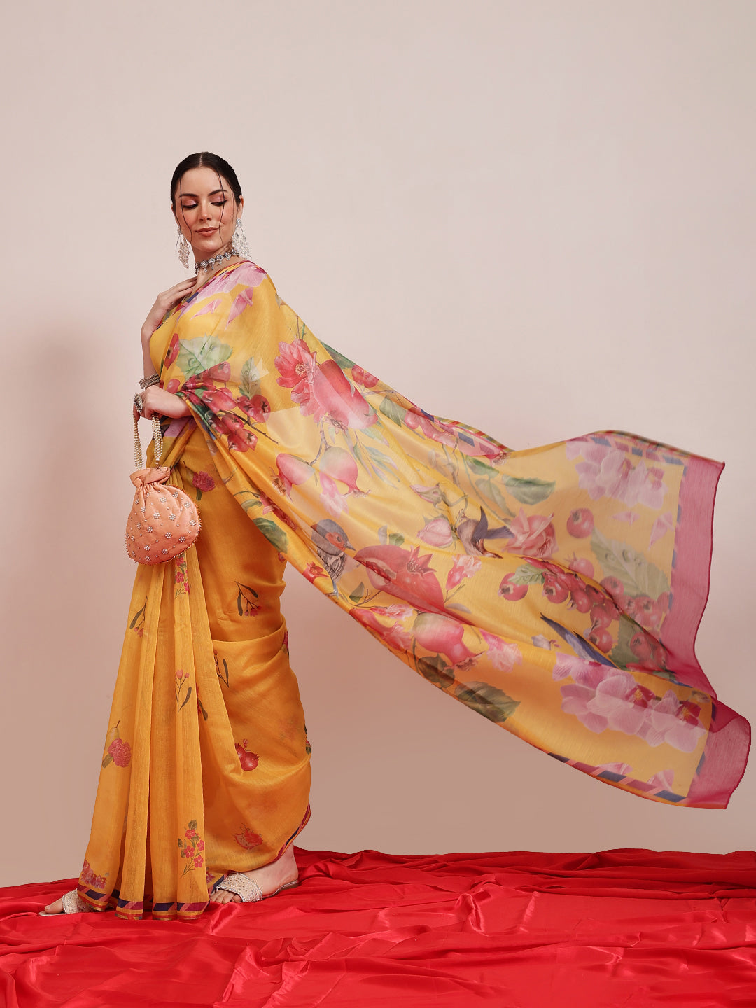 Hiral Fashion Yellow Chanderi Cotton Blend Fruits Digital Printed Saree | Swadesiicart