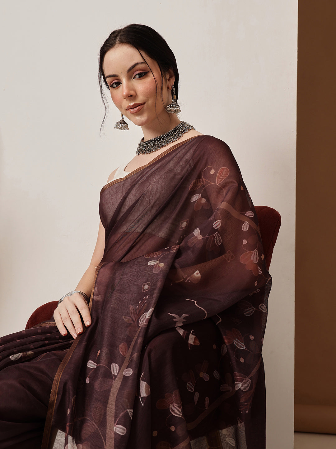 Hiral Fashion Brown Chanderi Cotton Blend Floral Digital Printed Saree | Swadesiicart