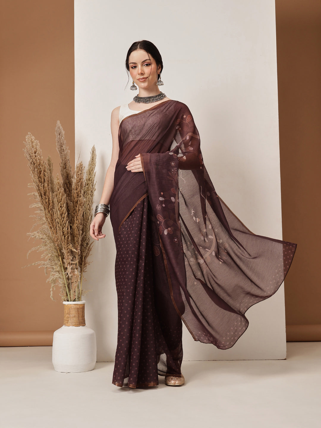 Hiral Fashion Brown Chanderi Cotton Blend Floral Digital Printed Saree | Swadesiicart