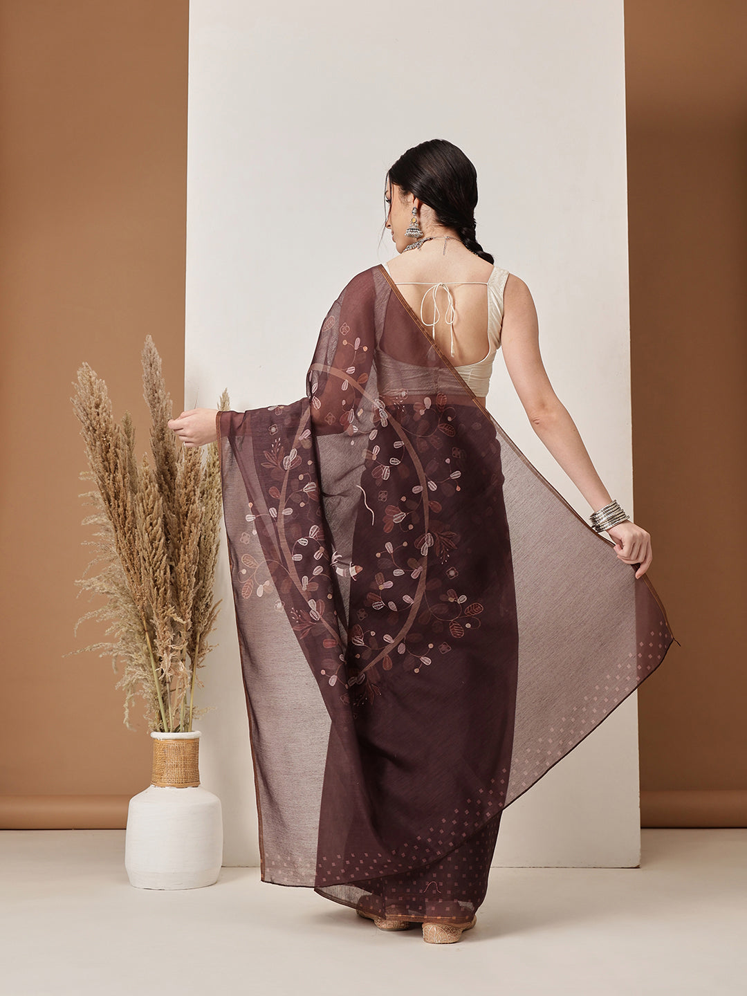 Hiral Fashion Brown Chanderi Cotton Blend Floral Digital Printed Saree | Swadesiicart