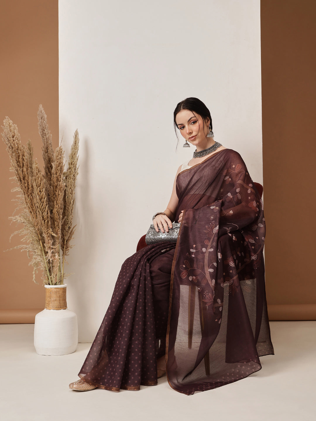 Hiral Fashion Brown Chanderi Cotton Blend Floral Digital Printed Saree | Swadesiicart