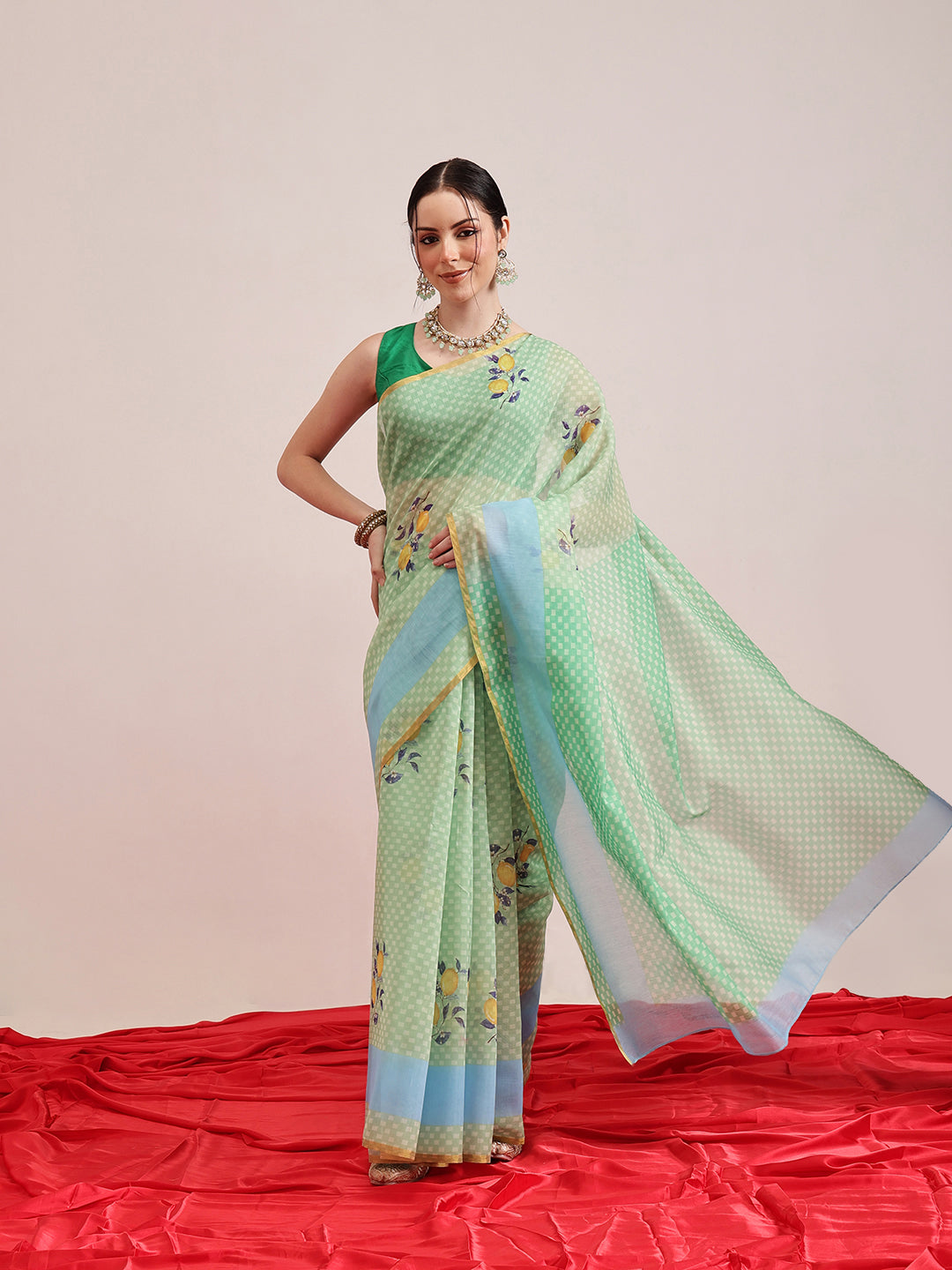 Hiral Fashion Green Chanderi Cotton Blend Animal Print Digital Printed Saree | Swadesiicart