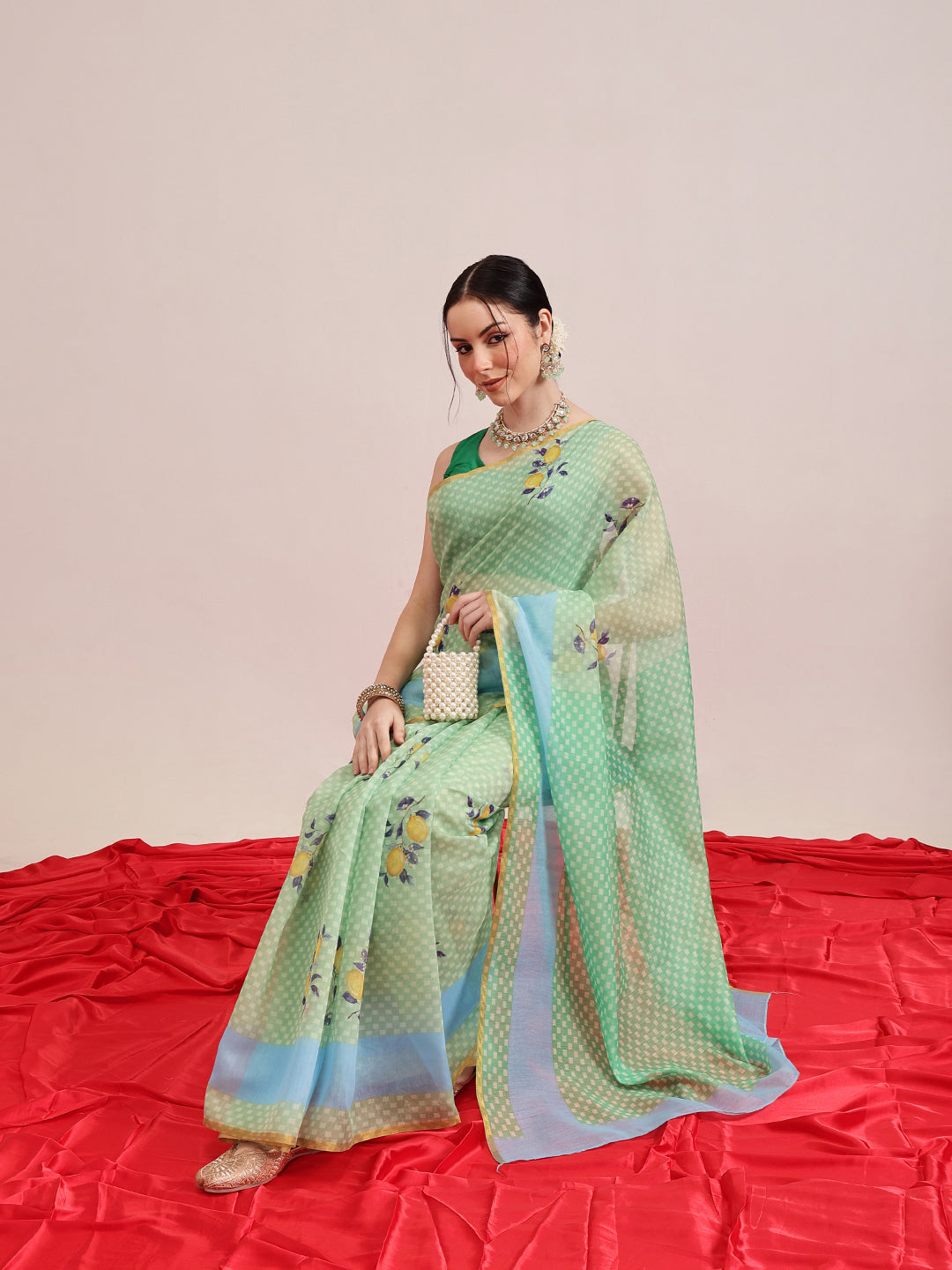Hiral Fashion Green Chanderi Cotton Blend Animal Print Digital Printed Saree | Swadesiicart