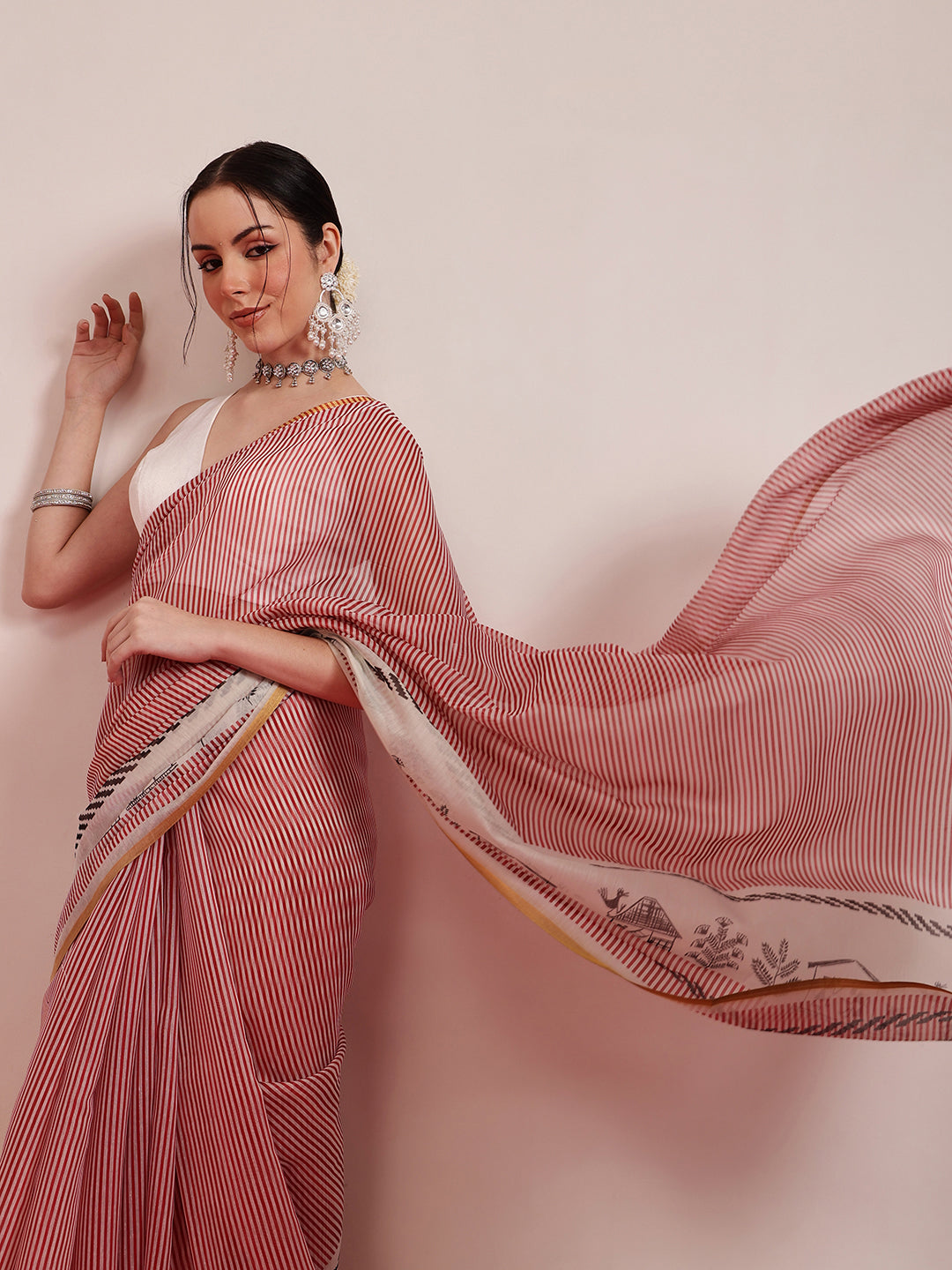 Hiral Fashion Maroon Chanderi Cotton Blend Stripes Digital Printed Saree | Swadesiicart