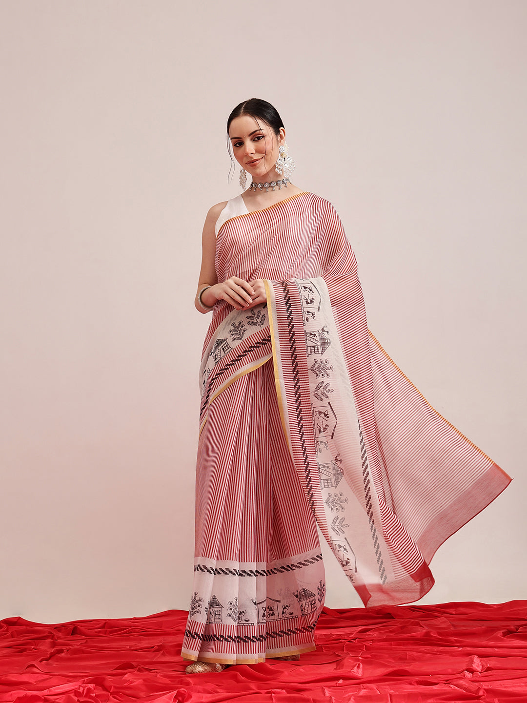 Hiral Fashion Maroon Chanderi Cotton Blend Stripes Digital Printed Saree | Swadesiicart