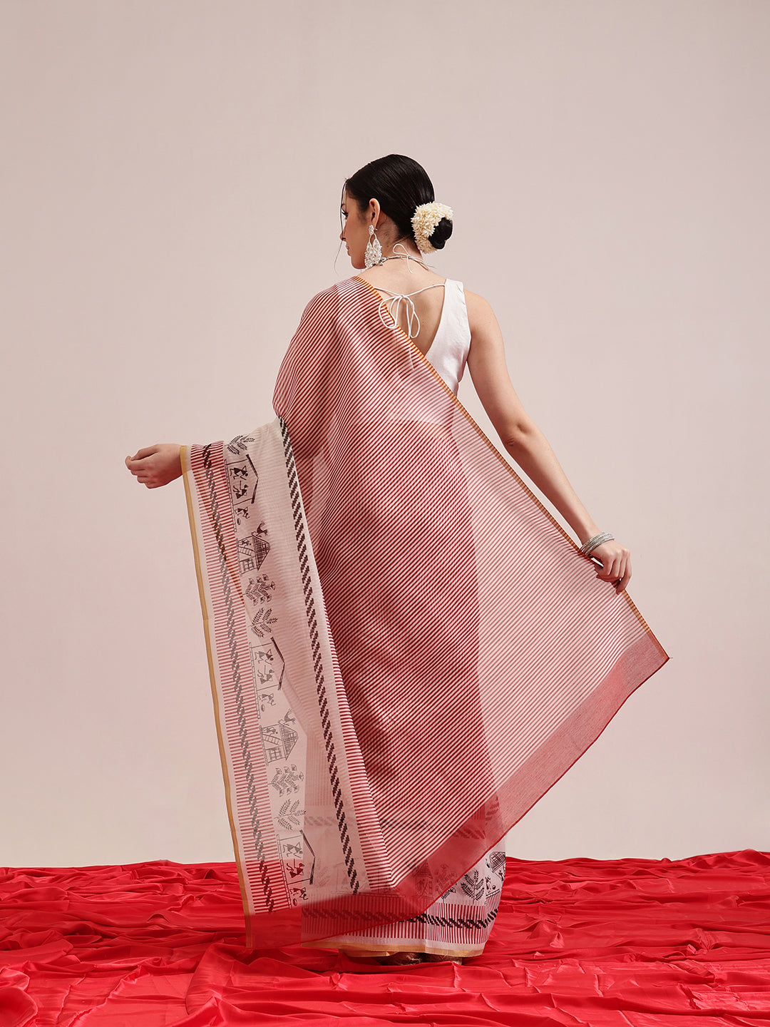 Hiral Fashion Maroon Chanderi Cotton Blend Stripes Digital Printed Saree | Swadesiicart