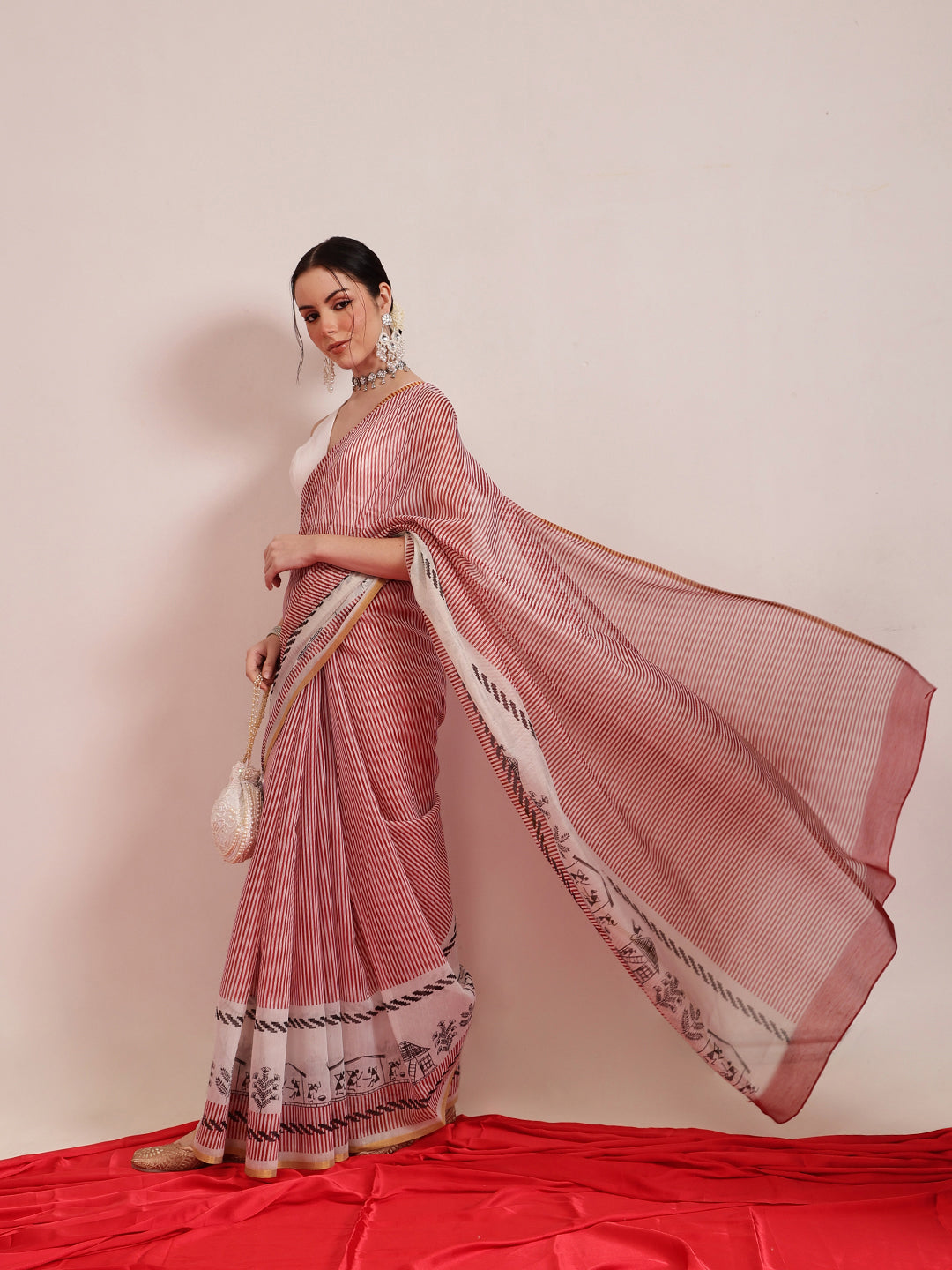 Hiral Fashion Maroon Chanderi Cotton Blend Stripes Digital Printed Saree | Swadesiicart