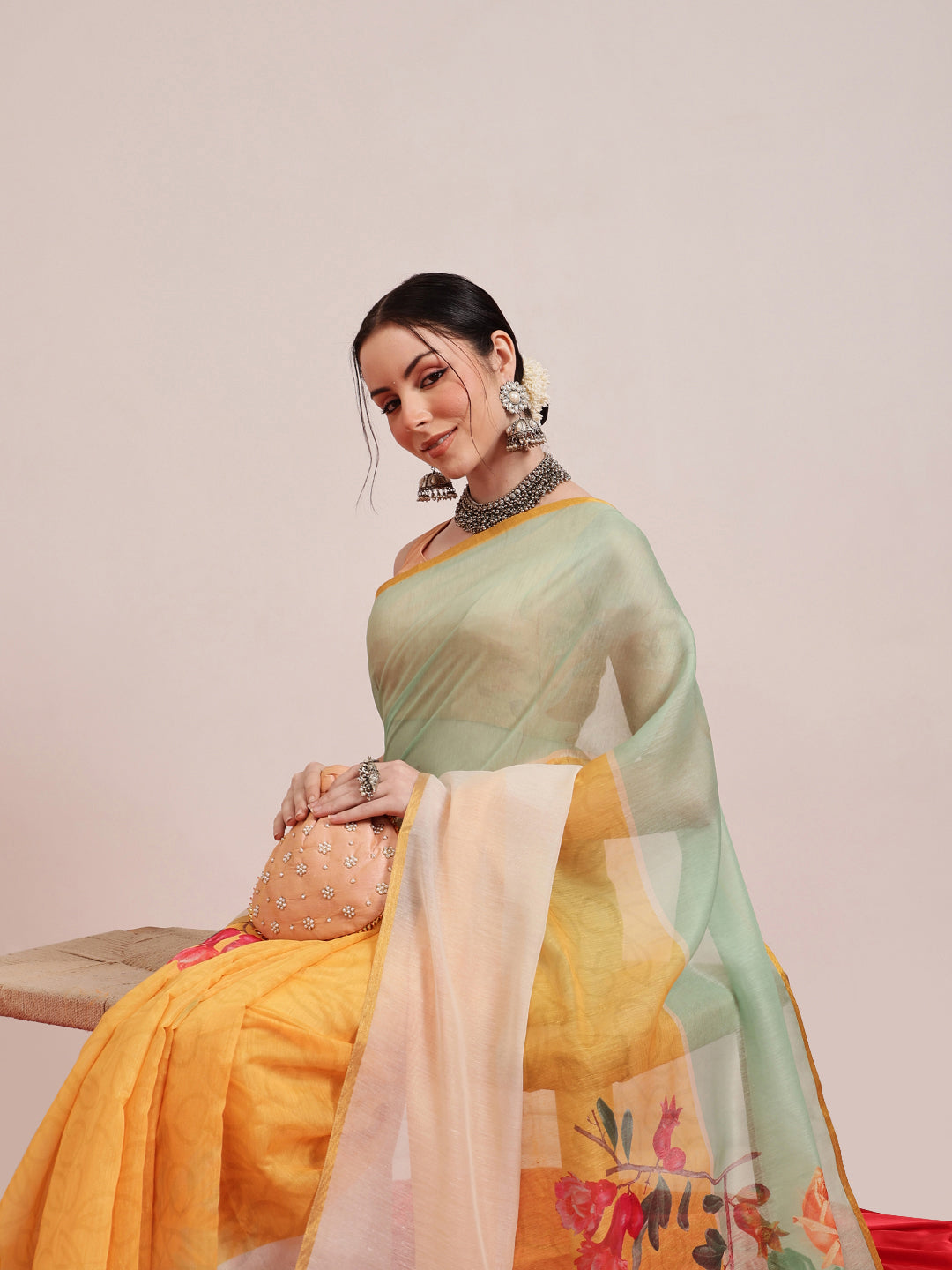 Hiral Fashion Yellow Chanderi Cotton Blend Fruits Digital Printed Saree | Swadesiicart