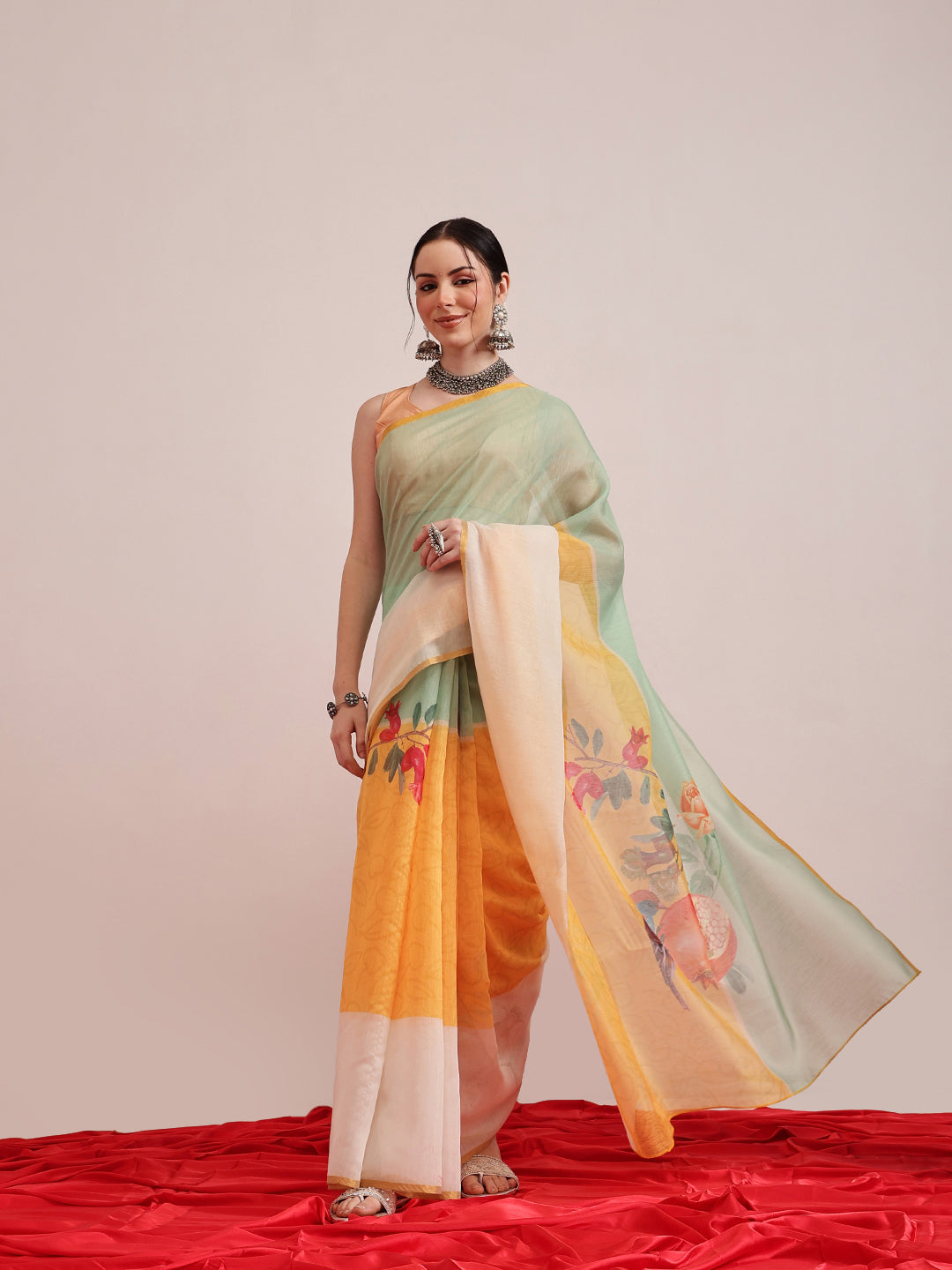 Hiral Fashion Yellow Chanderi Cotton Blend Fruits Digital Printed Saree | Swadesiicart