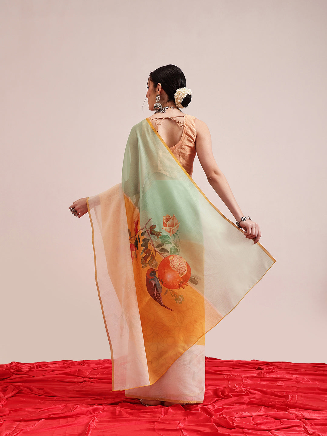 Hiral Fashion Yellow Chanderi Cotton Blend Fruits Digital Printed Saree | Swadesiicart