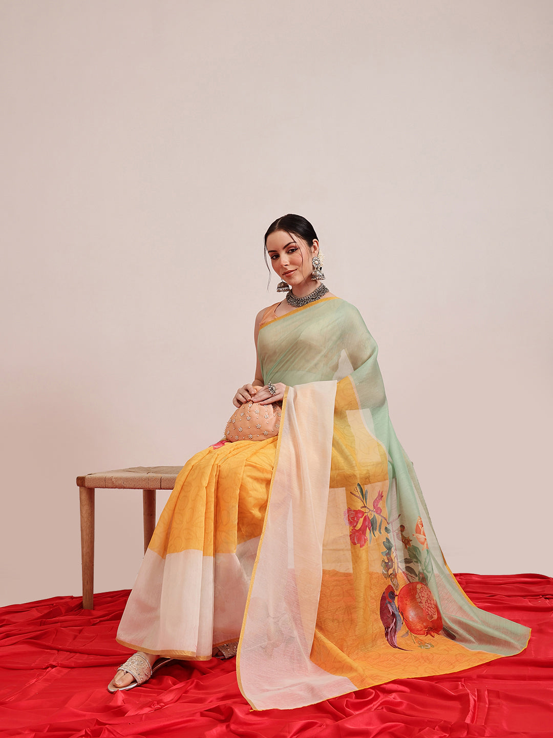 Hiral Fashion Yellow Chanderi Cotton Blend Fruits Digital Printed Saree | Swadesiicart